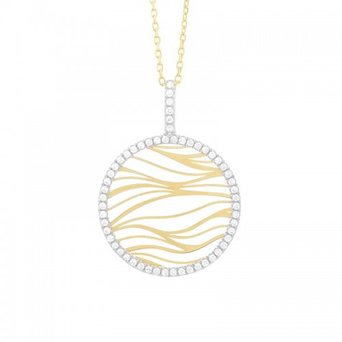 14K YELLOW GOLD ROUND WAVE PENDANT WITH .30CTTW ROUND SI CLARITY & GH COLOR DIAMONDS SET IN THE HALO AND BAIL ON A 16/17/18