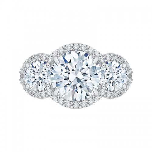 Diamond Three-Stone Halo Engagement Ring in 18K White Gold (Semi-Mount)