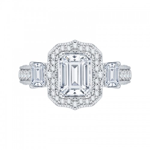 Emerald Cut Diamond Halo Bridal Ring in 18K White Gold (Semi-Mount)