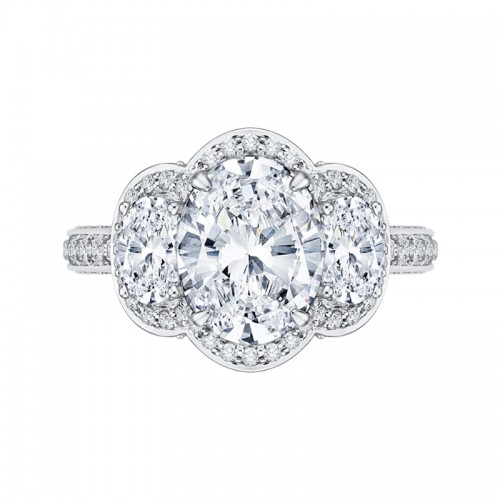 Oval Cut Diamond Three-Stone Halo Engagement Ring in 18K White Gold (Semi-Mount)