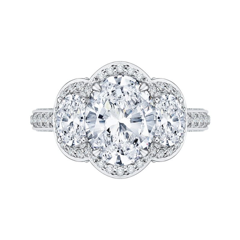 Oval Cut Diamond Three-Stone Halo Engagement Ring in 18K White Gold (Semi-Mount)