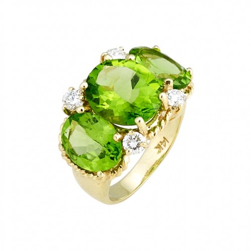 14kt Yellow Gold 14kt Green Gold Three Stone Peridot & Diamond Ring