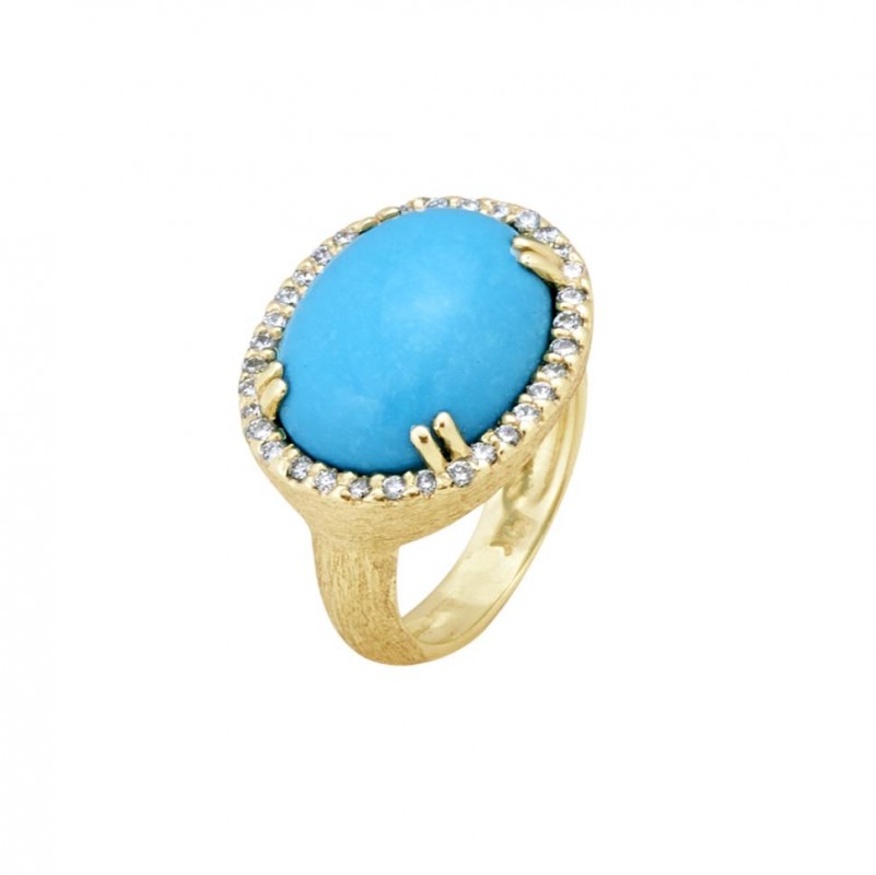 14kt Yellow Gold Florentine Textured Turquoise & Diamond Ring