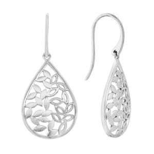 STERLING SILVER (RHODIUM PLATED) TEARDROP DANGLE LEAF PATTERN EARRINGS ON WIRES