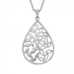 STERLING SILVER (RHODIUM PLATED) 16+2" TEARDROP LEAF PATTERN NECKLACE