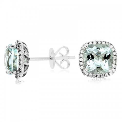 14K WHITE GOLD POST EARRINGS WITH 3.80CTTW SQUARE CUSHION AQUAMARINES AND .21CTTW ROUND I1 CLARITY & HI COLOR DIAMONDS SET IN THE HALOS