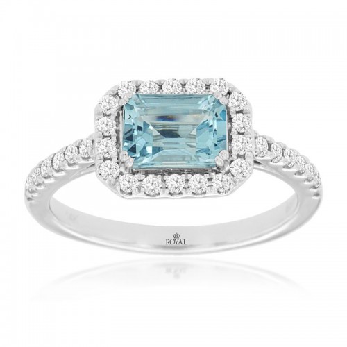 14K WHITE GOLD .87CT EMERALD CUT AQUAMARINE RING WITH .33CTTW ROUND I1 CLARITY & HI COLOR DIAMONDS SET IN THE HALO AND DOWN THE SHANK