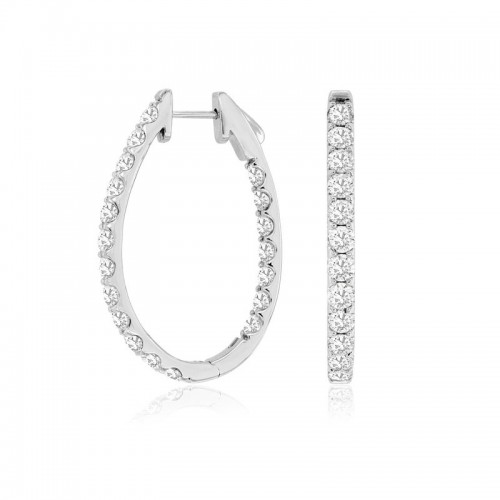 14K WHITE GOLD OVAL INSIDE OUTSIDE HOOP EARRINGS WITH 5.0CTTW ROUND I1 CLARITY & HI COLOR DIAMONDS WITH LOCKING POSTS