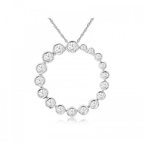 14K WHITE GOLD CIRCLE PENDANT WITH .55CTTW ROUND I1 CLARITY & HI COLOR BEZEL SET DIAMONDS ON A PENDANT CHAIN